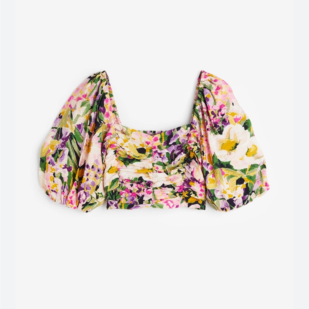 H&M Womens Puff Sleeve Floral Cropped Dainty Feminine Blouse, Size XS